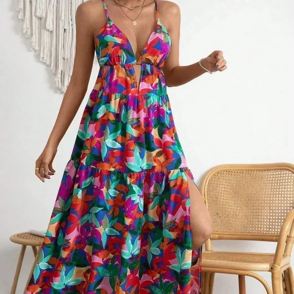 Multicolor Allover Floral Print Split Thigh Cami Dress travel summer vacay - Picture 2 of 5